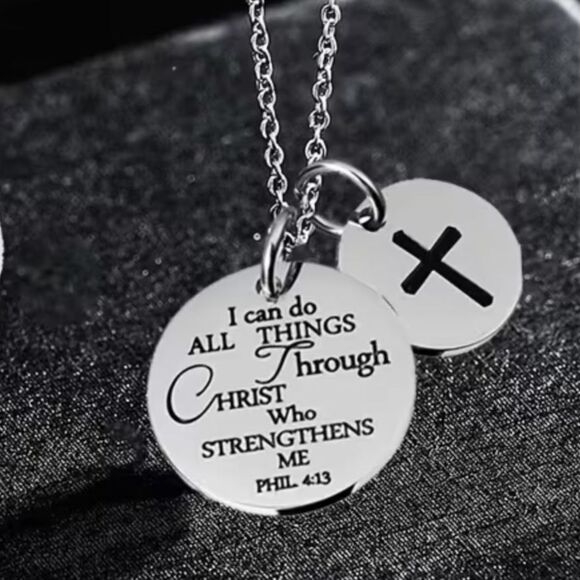 Stainless Steel Engraved Cross Inpirational Double Pendant Necklace Religious - Picture 2 of 3